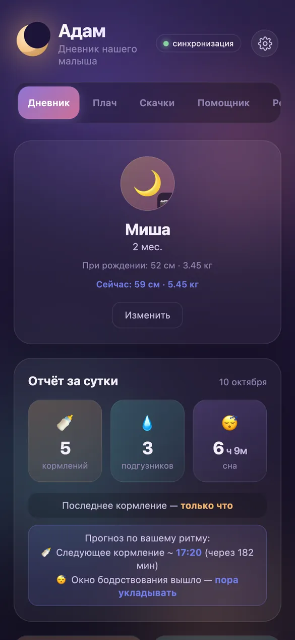 Дневник: отчёт за сутки и прогноз кормления